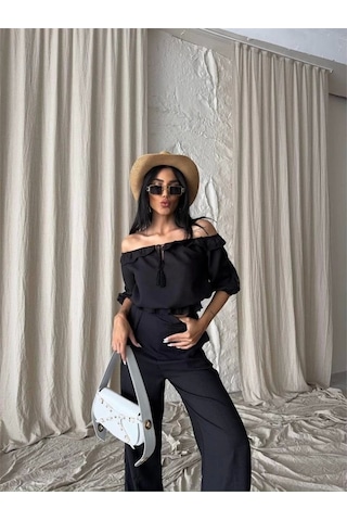 Defymoda Keten Madonna Yaka Kol Hasır Şerit - Pantolon Takım - Siyah Siyah