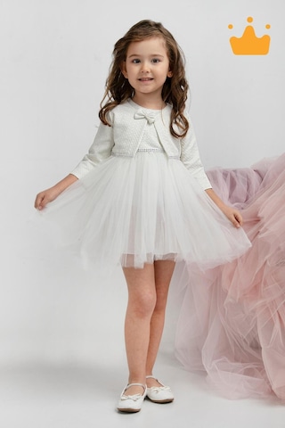 Babyhola Minimony 6-24 Ay Mine Desen Ceketli Kız Bebek Çocuk Bayramlık Abiye Gelinlik Elbise Takım 1013 Beyaz