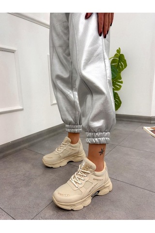 Erva'nın Butiği Bej Cilt Leo Leopar Detaylı Kadın Bağcıklı Sneakers-5201