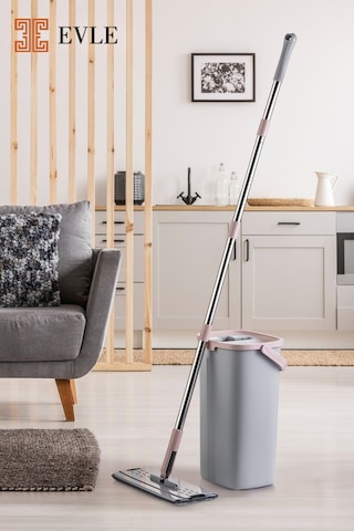 Lavine Premium Flat Mop Seti Gri, Su Tahliyeli Kova, Paslanmaz Çelik Sap