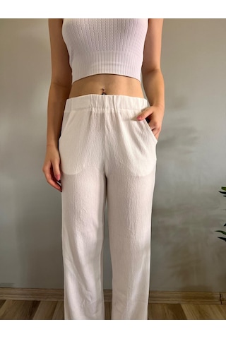 Hazel Kadın Bol Paça Bürümcük Kumaş Pantolon-beyaz Beyaz