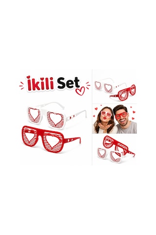 Çiftlere Özel Retro Parti Gözlüğü İkili Set Kalp Detaylı Eğlenceli Tasarım Renk Seçenekli Tüm Yaşlar