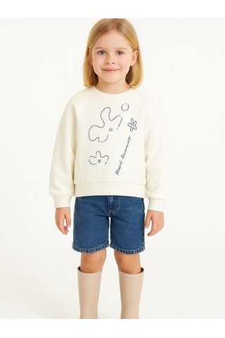 Kız Çocuk Çiçek Desenli Sweatshirt-16138 KREM