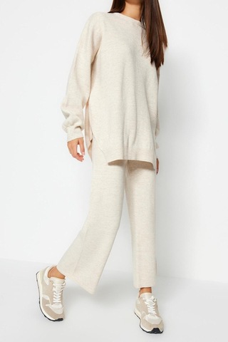 Ersefa Tarz Kadın Modern Moda Normal Bel Boru Paça Bisiklet Yaka Geniş K Bej
