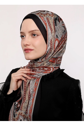 Luvensara Etnik Desen Hint İpeği Şal Kiremit-siyah