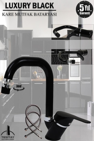 Tesitay Mat Siyah Mutfak Bataryası Kare Borulu Eviye Musluğu Armatür