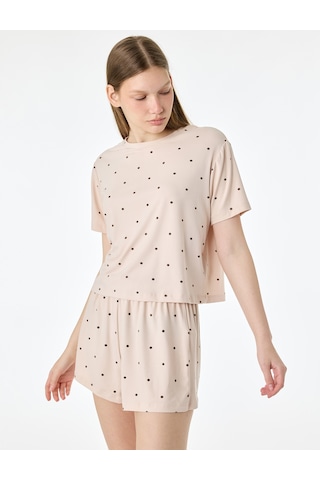 Koton Puantiyeli Rahat Kesim Bisiklet Yaka Kısa Kollu Şortlu Pijama Takımı Kahverengi Desenli 6slk40199mk