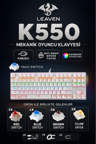 K550 Mavi Switch Kablolu Mekanik Klavye-87 Tuş-hotswap-switch li
