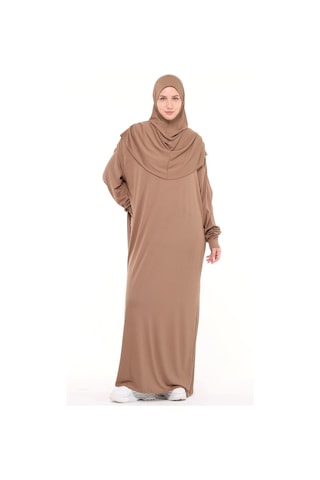Pratik Tek Parça Pamuklu Yarasa Kollu Tak Çıkar Başörtülü Tesettür Namaz Elbisesi Sütlü Kahve Çok Renkli