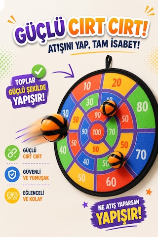 Cırt Cırtlı Dart Oyunu Seti Eğlenceli Hedef Tahtası 3 Toplu Dart Atış Oyunu Seti 36cm Hed709