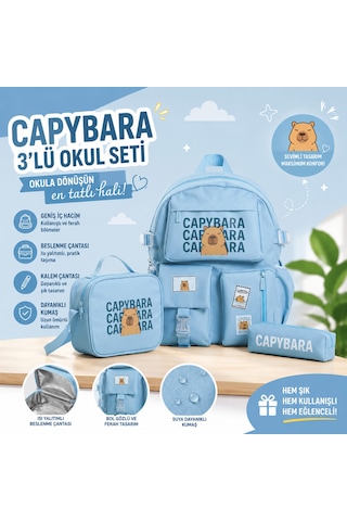Capybara Desenli 3 Parça İlkokul Ortaokul Çanta Seti Sırt Çantası Beslenme Çantası Kalemlik Mavi
