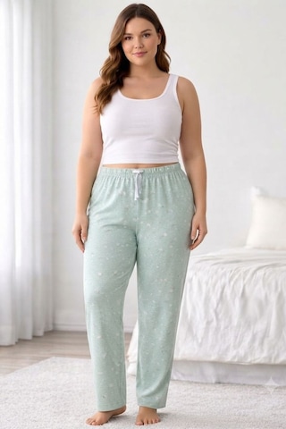 Viskon Pamuklu Kadın Büyük Beden Açık Gri Desenli Pijama Pantolon - Mgb008 - Mudanis