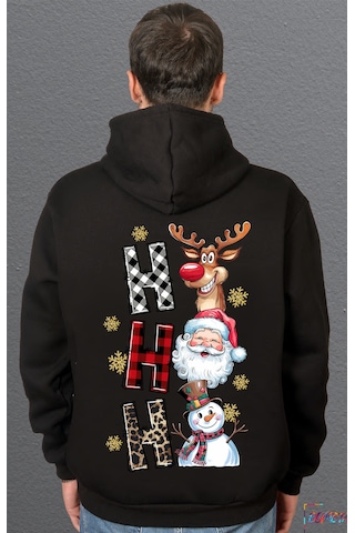 Bumeta Yılbaşı Hoodie Ho Ho Ho Noel Geyik Santa Kardan Adam Baskılı Sweatshirt Unisex Kapüşonlu Hoodie Siyah