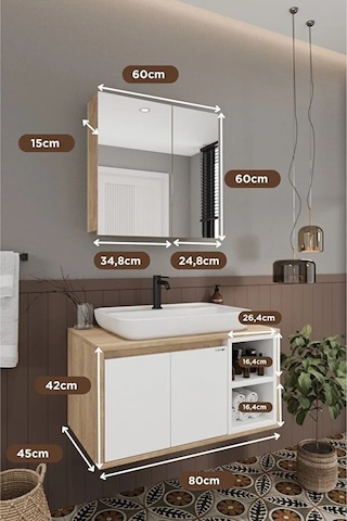Lale Beyaz 80 Cm %100 Mdf Lavabolu Banyo Dolabı + Aynalı Dolap Beyaz Meşe
