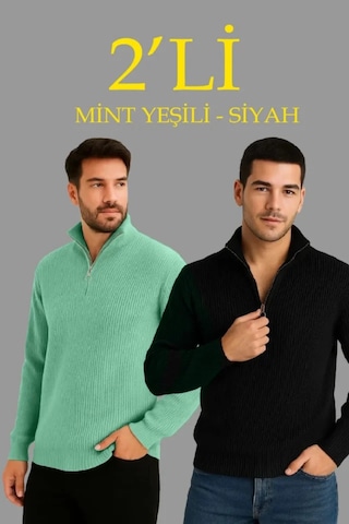 Butik İstanbul Erkek Fitilli Triko Kazak 2'li Set Kalın Dokuma Pamuklu Regular Fit V Yaka Fermuarlı Uzun Kollu Rahat Kışlık Kazak Kombini Mint Yeşili - Siyah