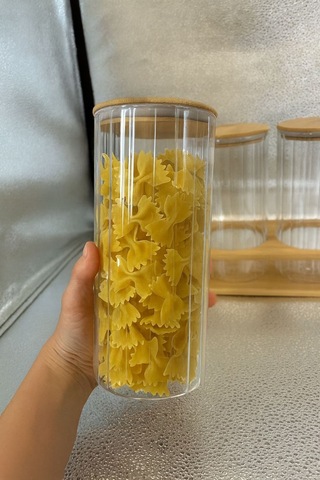 Qerhome Borosilikat Cam Bambu Stantlı Ve Bambu Kapaklı Optik Çizgili Baharatlık Seti 1400 Ml Alg11522 Amber