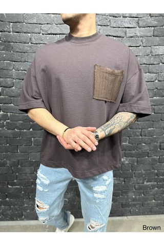 Cep Detaylı Oversize Tshirt Kahverengi