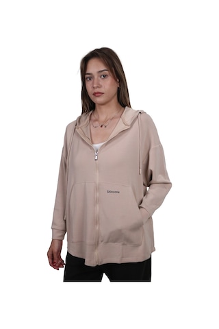 Kadın Modal Kumaş Yumuşak Dokulu Fermuarlı Rahat Kalıp Bej Kapüşonlu Ceket Hırka Bej