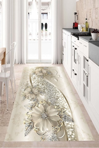 Makinede Yıkanabilir Leke Tutmaz Dijital Baskı Pvc Kaymaz Çiçek Desenli Mutfak Halısı Çok Renkli