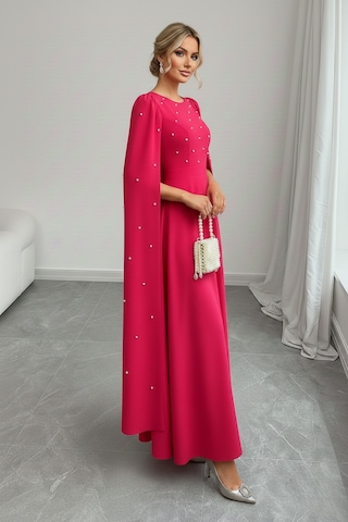 Defymoda Kadın İnci İşlemeli Şık Gece Davet Elbise Pembe