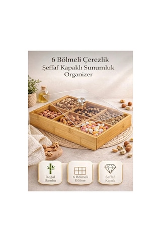 6 Bölmeli Ahşap Organizer,çerezlik,lokumluk,kahvaltılık,çay Poşeti,takı Kutusu,30x20 Cm,kulplu Kutu Bej