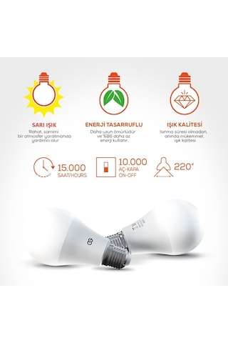 Günsan 2'li Led Ampul 9w Sarı Işık E27 3000k 825 Lümen 2 Adet