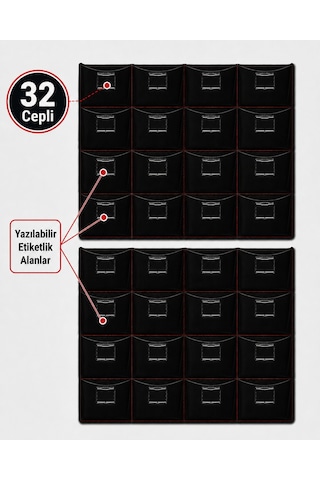 2 Li Araç Bagaj Organizeri 32 Cepli Siyah Deri Kırmızı Dikişli Suv Uyumlu Bagaj Düzenleyici