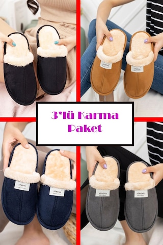 3 Lü Avantajlı Paket Kışlık Peluş Desenli Sessiz Ortopedik Taban Çeyiz Misafir Ev Terliği Seti 3'lü Ucc Terlik