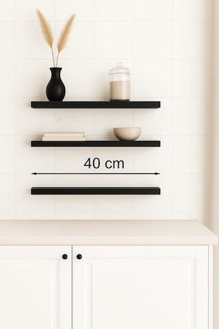 40 Cm 3lü Mat Siyah Mdf Uçan Duvar Rafı Gizli Bağlantı Kitaplık