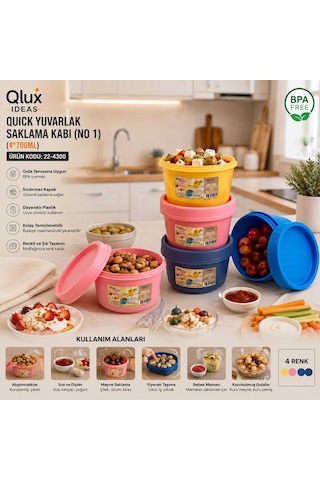 Qlux L-00991 No-1 Quick Yuvarlak Saklama Kabı Ve Kase - Kapaklı Renkli 300 Ml- 24'li Paket Diğer