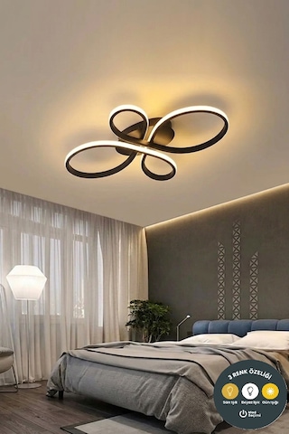 Liya Tasarım Siyah Led Plafonyer Avize - 3 Renk Işıklı Ayarlanabilir Modern Aydınlatma