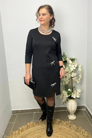 Mia Butik Kadın Siyah Broş Hediyeli Star Elbise Siyah
