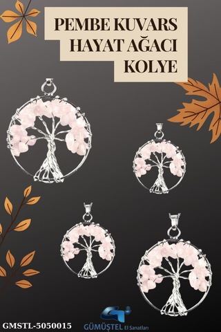 Sertifikalı Doğal Taş Pembe Kuvars Hayat Ağacı Tasarım Kolye Sürpriz Hediyeli 5x5 Cm Çok REnkli