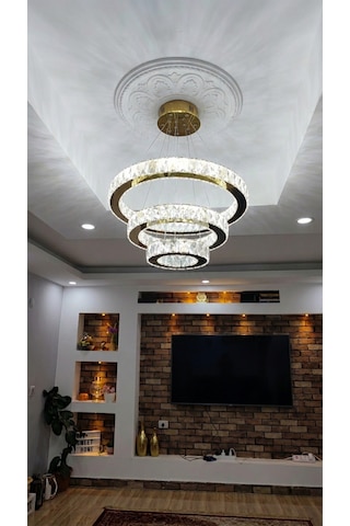 Ala Lighting Plaket Kristal Taş Işlemeli 201 Gold Paslanmaz Ledli Avize Altın - Gold