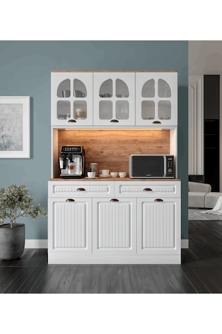 Efes Kahve Köşesi - 140 Cm Mdf Mutfak Dolabı - Led Aydınlatmalı - Atlantik Çam - Beyaz