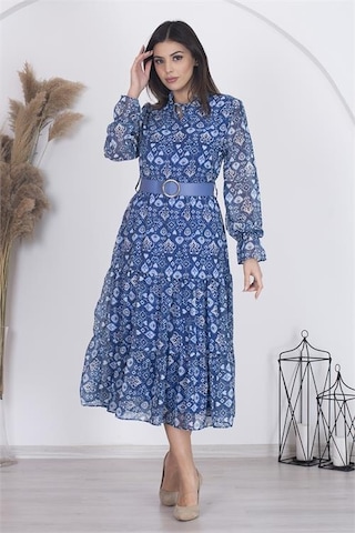 Neşeli Butik Kadın Astarlı Etnik Desenli Şifon Elbise Rsnb002 - Mavi Mavi