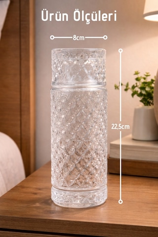 El Yapımı Cam, Kafes Modelli Başucu Sürahisi - 730ml. Bardaklı Sürahi