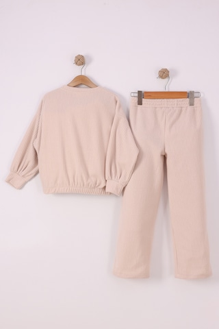 Monox Kız Çocuk Trend Nakışlı Tarz Fitilli Polar Takım Bej