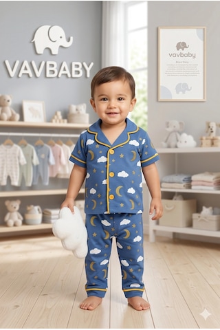 Pamuklu Kruvaze Yaka Önden Düğmeli Bulut-ay Desenli Mevsimlik Alt Üst Pijama Takım-mavi
