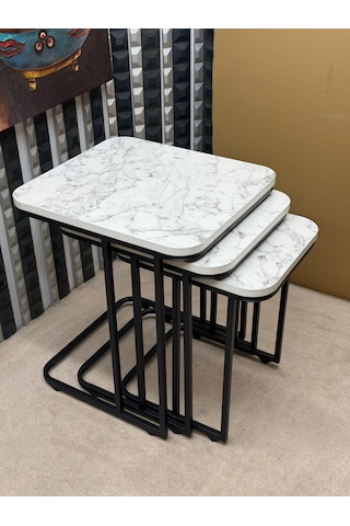 3 Lü Zigon Sehpa Seti Metal Ayaklı Ahşap Desen Tabla Modern Tasarım Beyaz Mermer