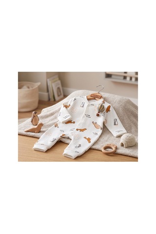 Deniva Kids Erkek Bebek Kaşkorse Fitilli Kutup Hayvanları Baskılı Çıtçıtlı Pamuklu Tulum - Beyaz 3-6 Ay