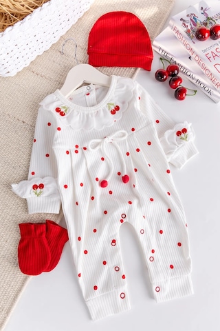 Kiraz İşlemeli Pamuklu Kız Bebek Tulum Kırmızı