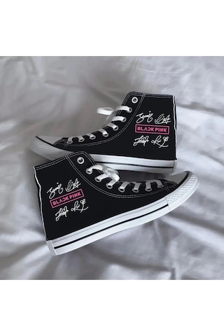 Günlük Keten Bilekli Black Pink Baskılı Siyah Uzun Sneaker Canvas Spor Ayakkabı Blackpink Siyah