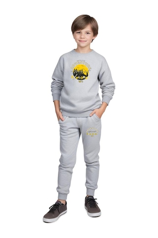 Fyk Kids 2'li Erkek Çocuk Yuvarlak Yaka Baskı Detaylı Eşofman Takımı Gri - Füme