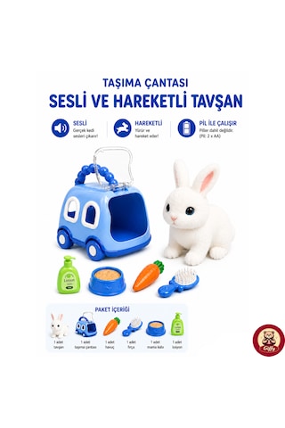 Oyuncak Tavşan Taşıma Çantalı Sesli Hareketli Pilli, Emekleme Oyuncağı Aksesuarlı Çocuklar İçin Eğitici Hayvan Sevgisi Mavi