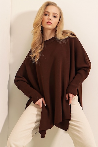 Bigdart 15783 Yırtmaçlı Panço Kazak - Kahverengi 001