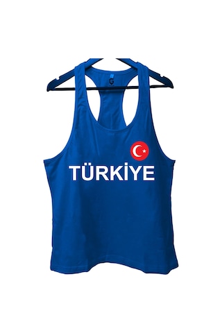 Top Glory Mavi Türkiye Baskılı Gym Fitness Tank Top Sporcu Atleti