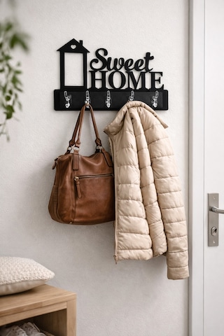 Sweet Home Duvar Askılığı 6 Kancalı Dekoratif Anahtarlık Ve Askı 39 X 28 Cm Siyah Siyah