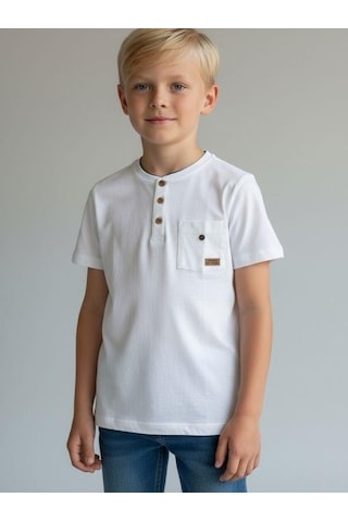 Zekids Erkek Çocuk Pamuklu Düğmeli Basic T-shirt-16780 Ekru
