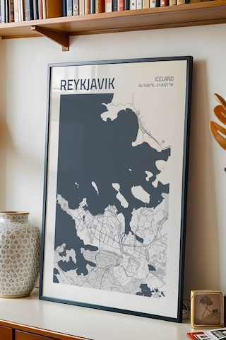 Reykjavik İzlanda Iceland Haritası Çerçeveli Tablo Ofis Salon Duvar Dekorasyonu Hediyelik Tablo